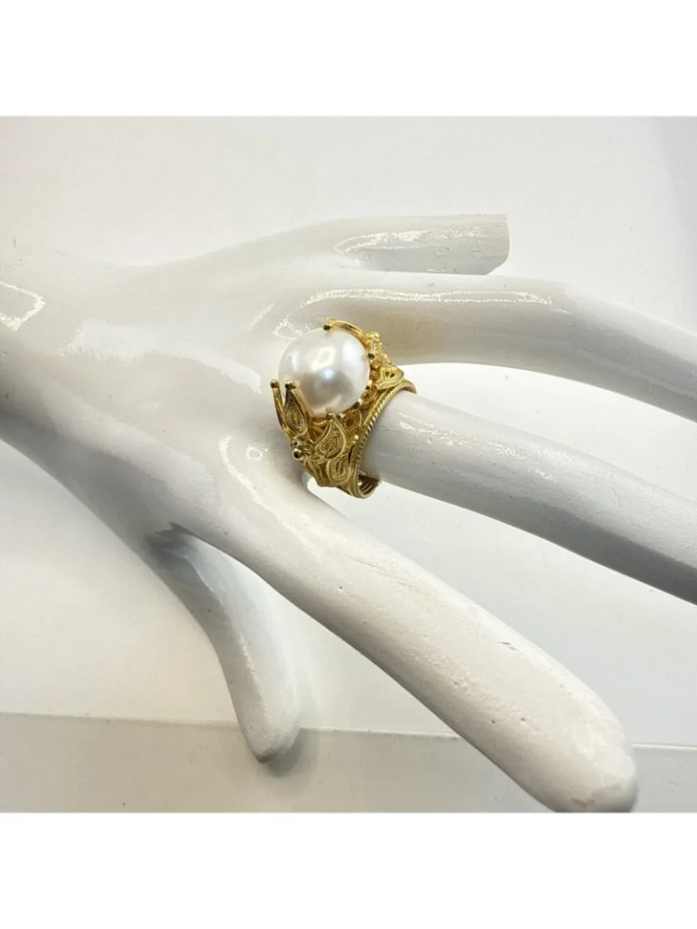 JTV Ring Pearl Sterling Silver 925 Gold Vermeil size 7 Elaborate Fancy Leaf Vine